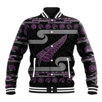 New Zealand Christmas Baseball Jacket Meri Kirihimete Silver Fern Knit Style Purple Color - Polynesian Pride
