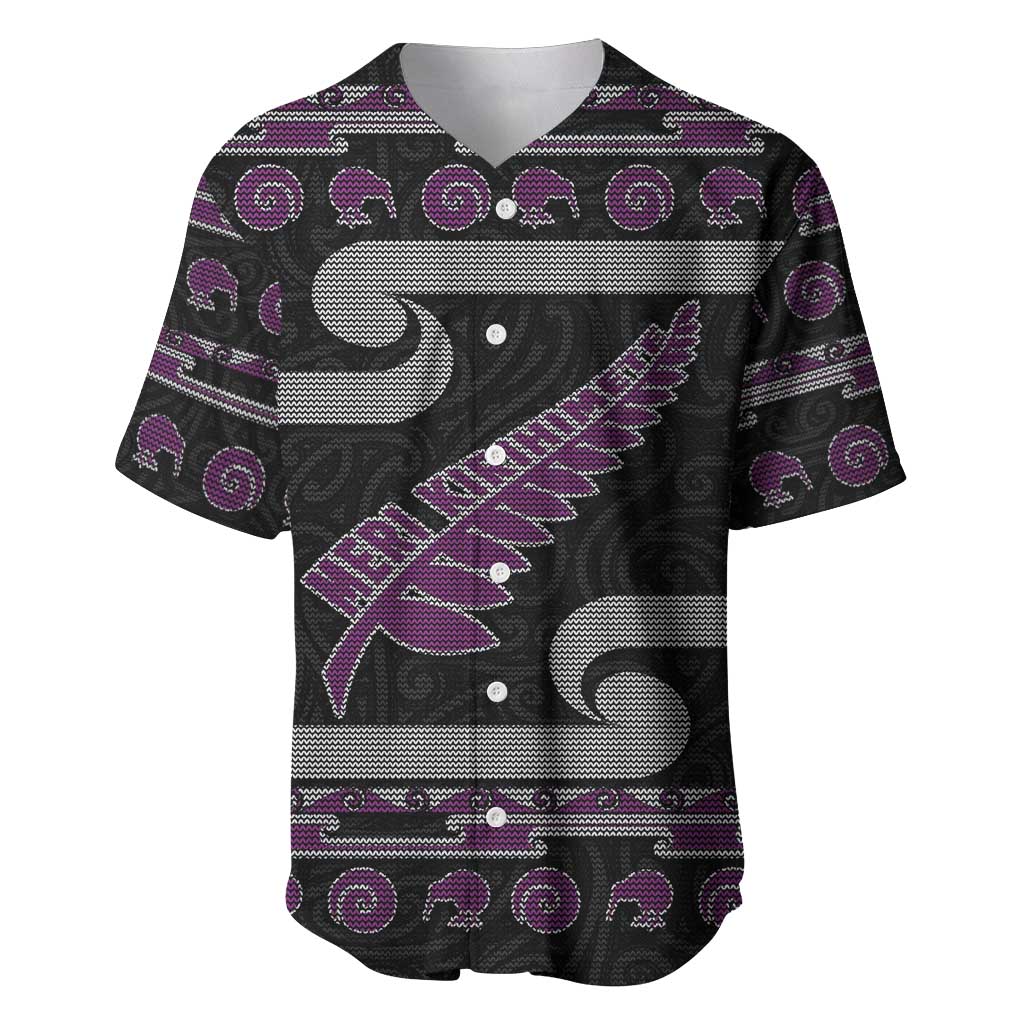 New Zealand Christmas Baseball Jersey Meri Kirihimete Silver Fern Knit Style Purple Color - Polynesian Pride
