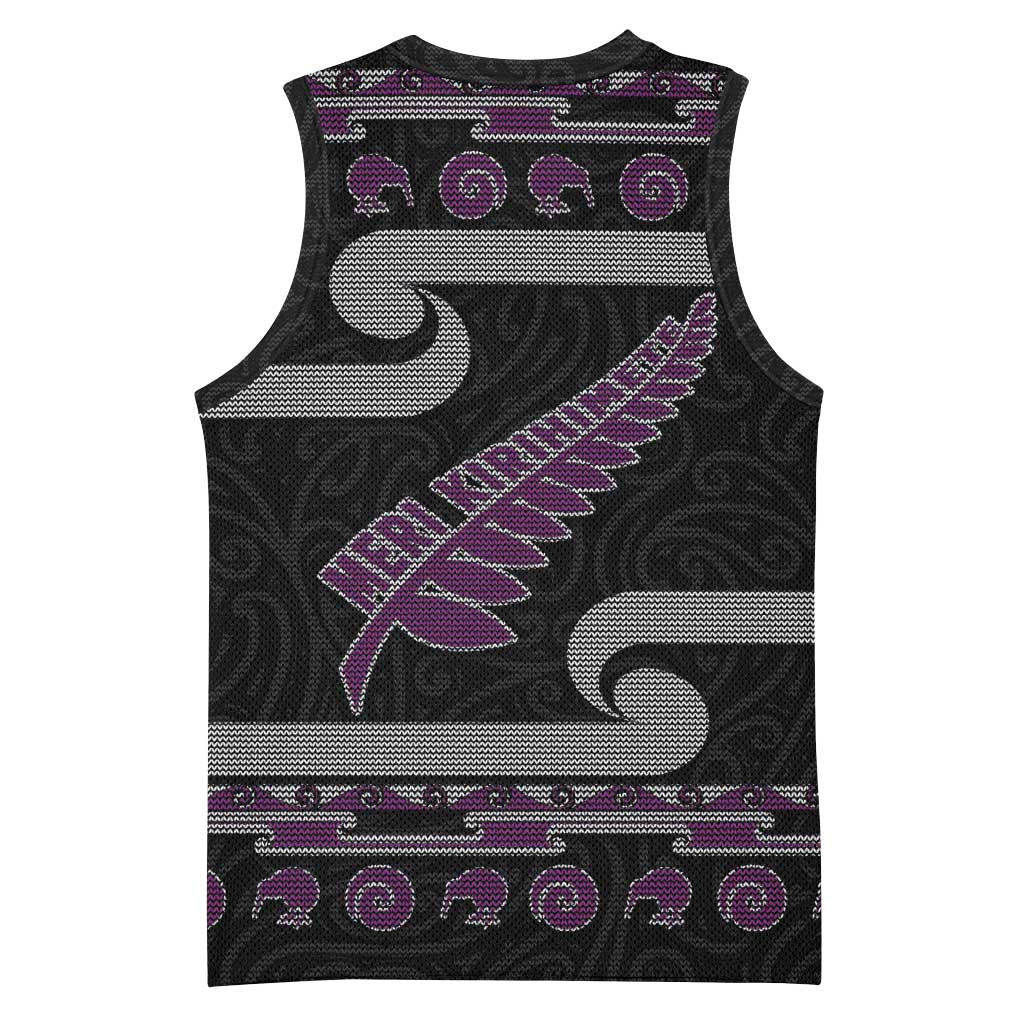 New Zealand Christmas Basketball Jersey Meri Kirihimete Silver Fern Knit Style Purple Color - Polynesian Pride