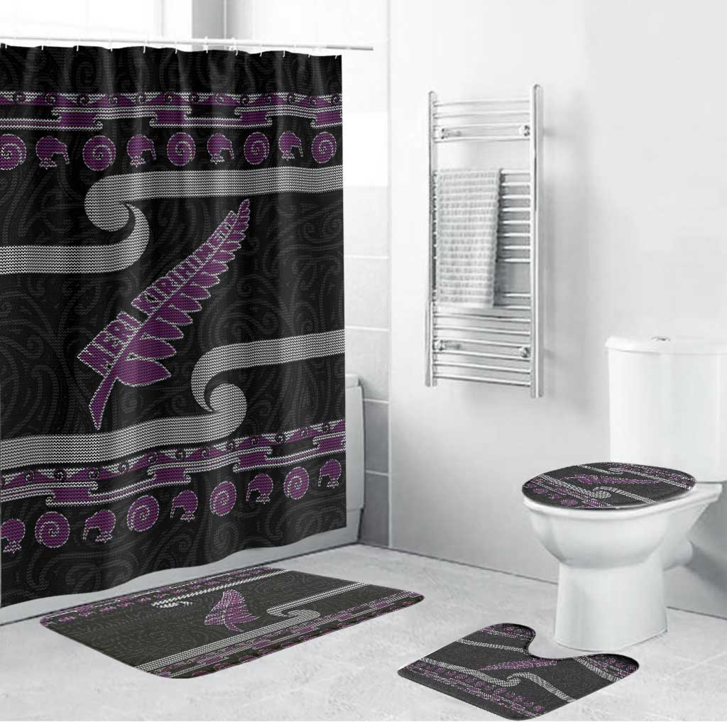 New Zealand Christmas Bathroom Set Meri Kirihimete Silver Fern Knit Style Purple Color - Polynesian Pride