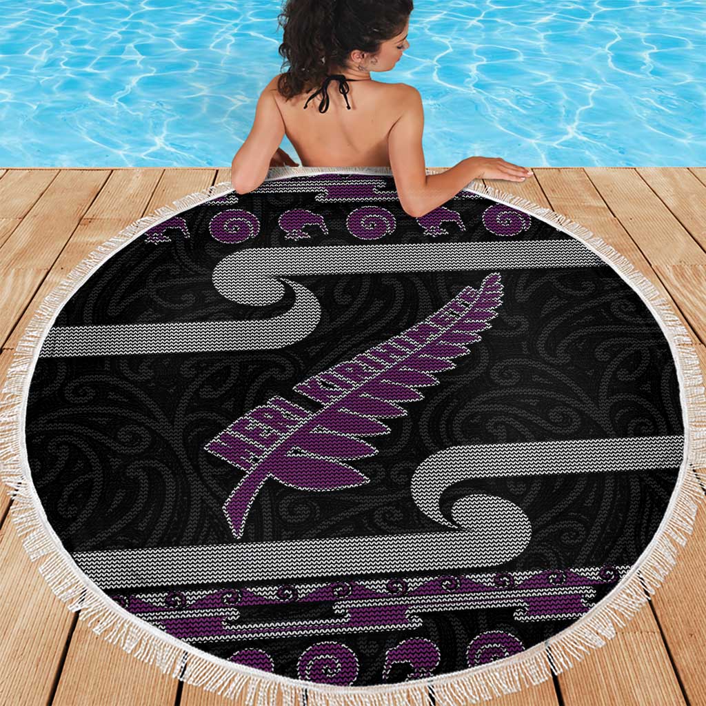 New Zealand Christmas Beach Blanket Meri Kirihimete Silver Fern Knit Style Purple Color - Polynesian Pride