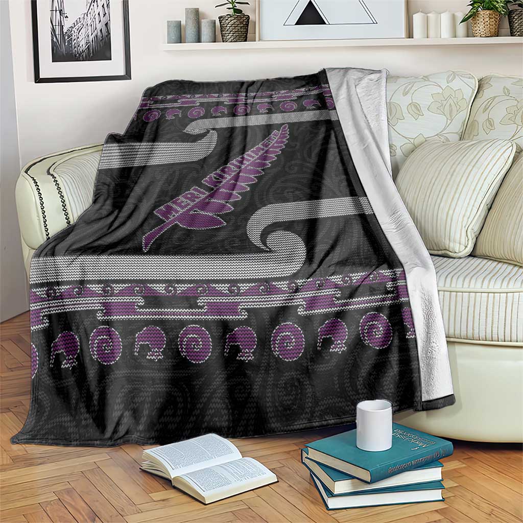 New Zealand Christmas Blanket Meri Kirihimete Silver Fern Knit Style Purple Color - Polynesian Pride