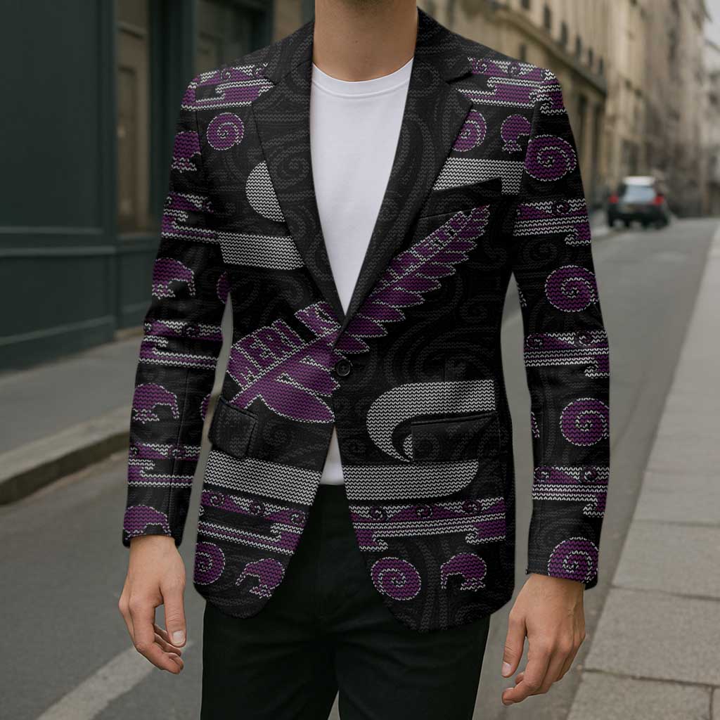 New Zealand Christmas Blazer Meri Kirihimete Silver Fern Knit Style Purple Color - Polynesian Pride