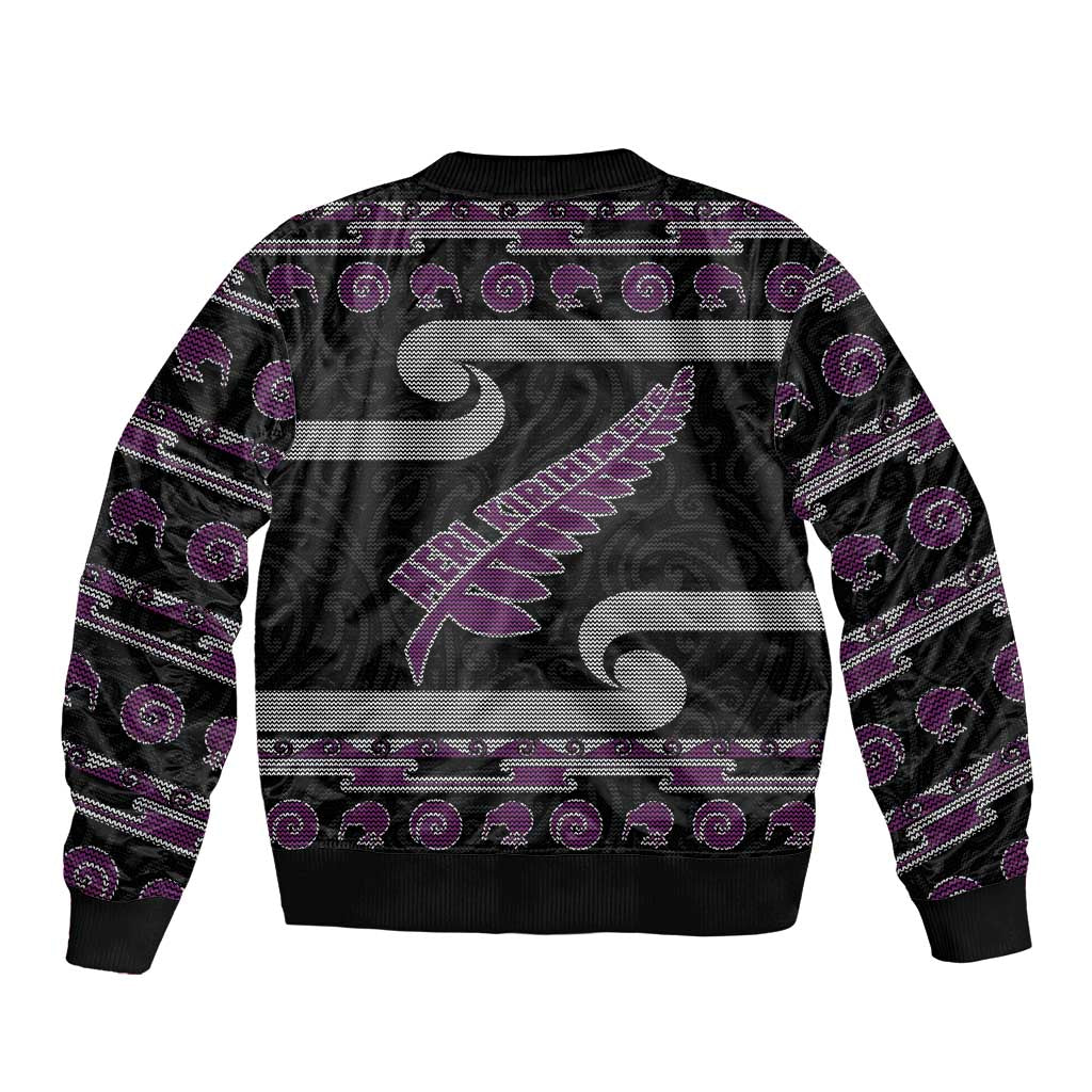 New Zealand Christmas Bomber Jacket Meri Kirihimete Silver Fern Knit Style Purple Color - Polynesian Pride