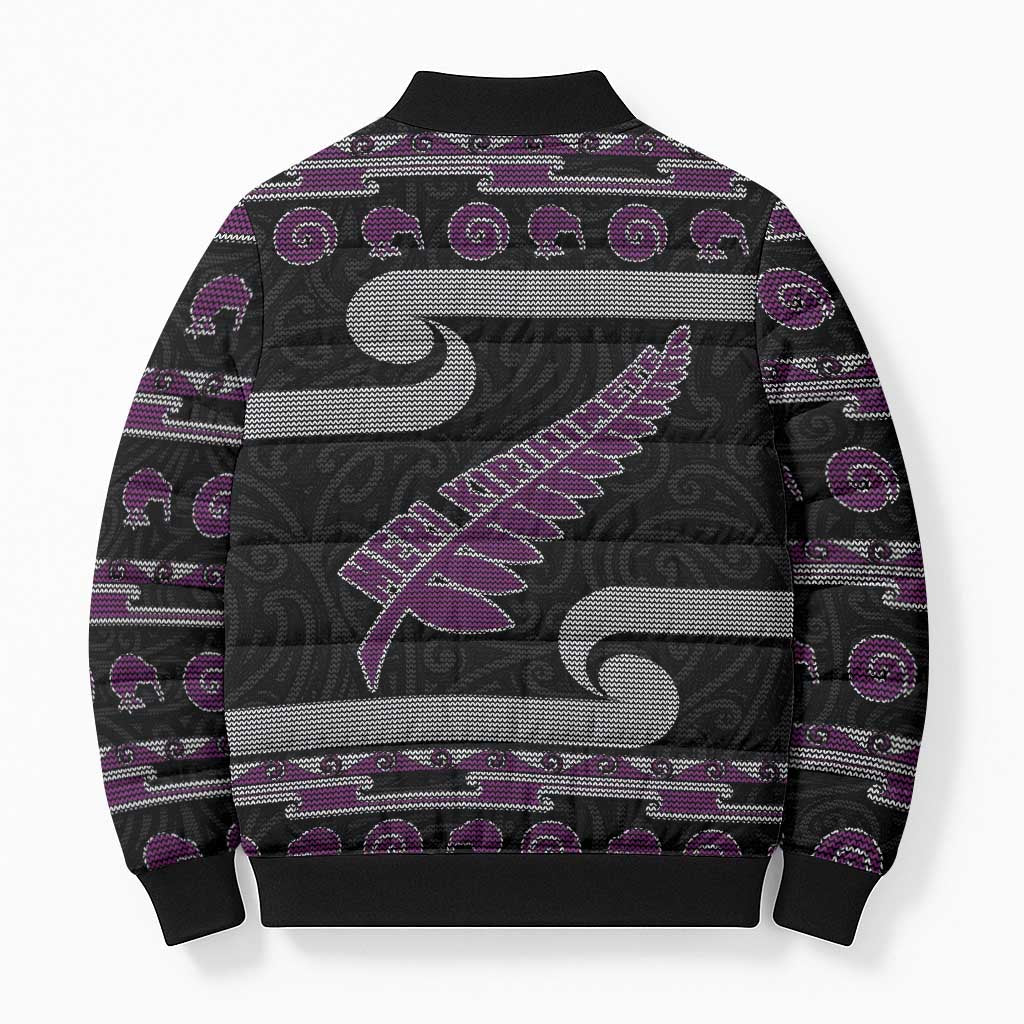 New Zealand Christmas Bomber Puffer Jacket Meri Kirihimete Silver Fern Knit Style Purple Color - Polynesian Pride