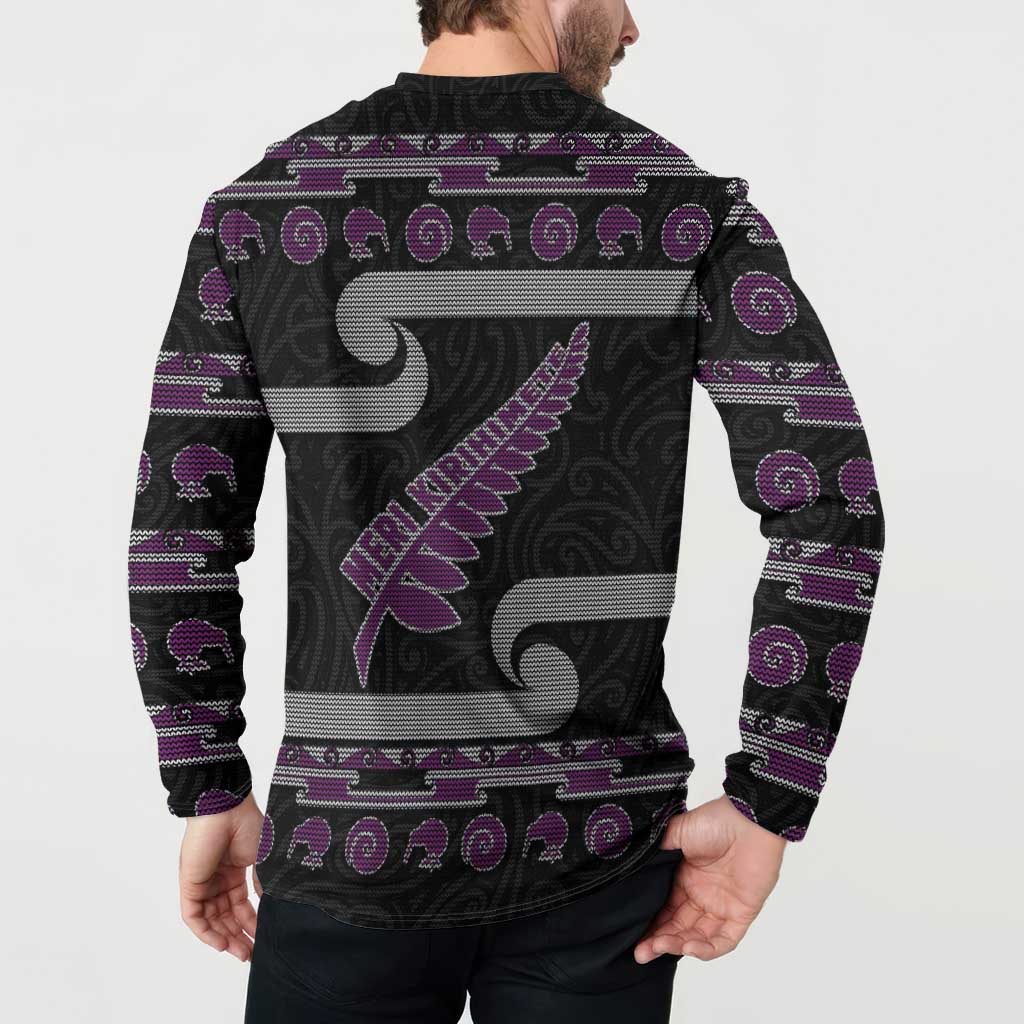 New Zealand Christmas Button Sweatshirt Meri Kirihimete Silver Fern Knit Style Purple Color - Polynesian Pride