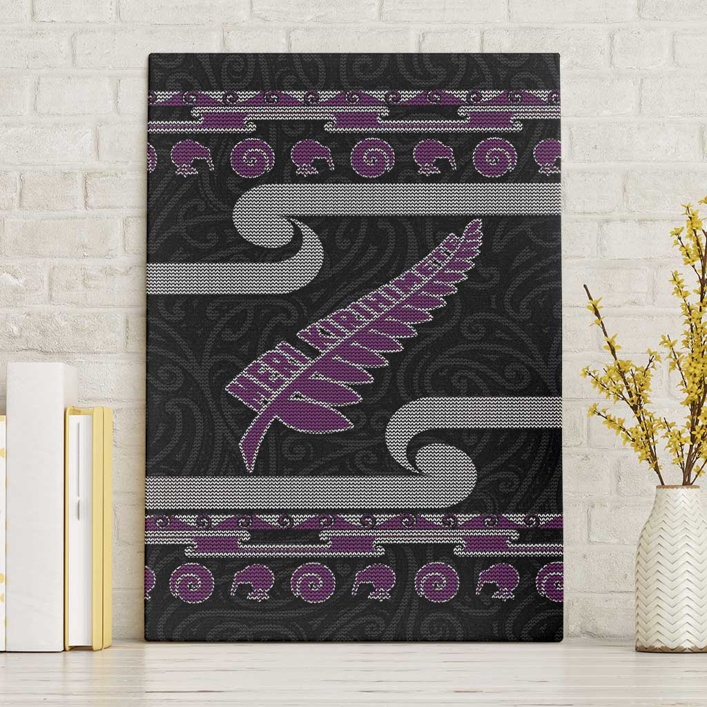 New Zealand Christmas Canvas Wall Art Meri Kirihimete Silver Fern Knit Style Purple Color - Polynesian Pride