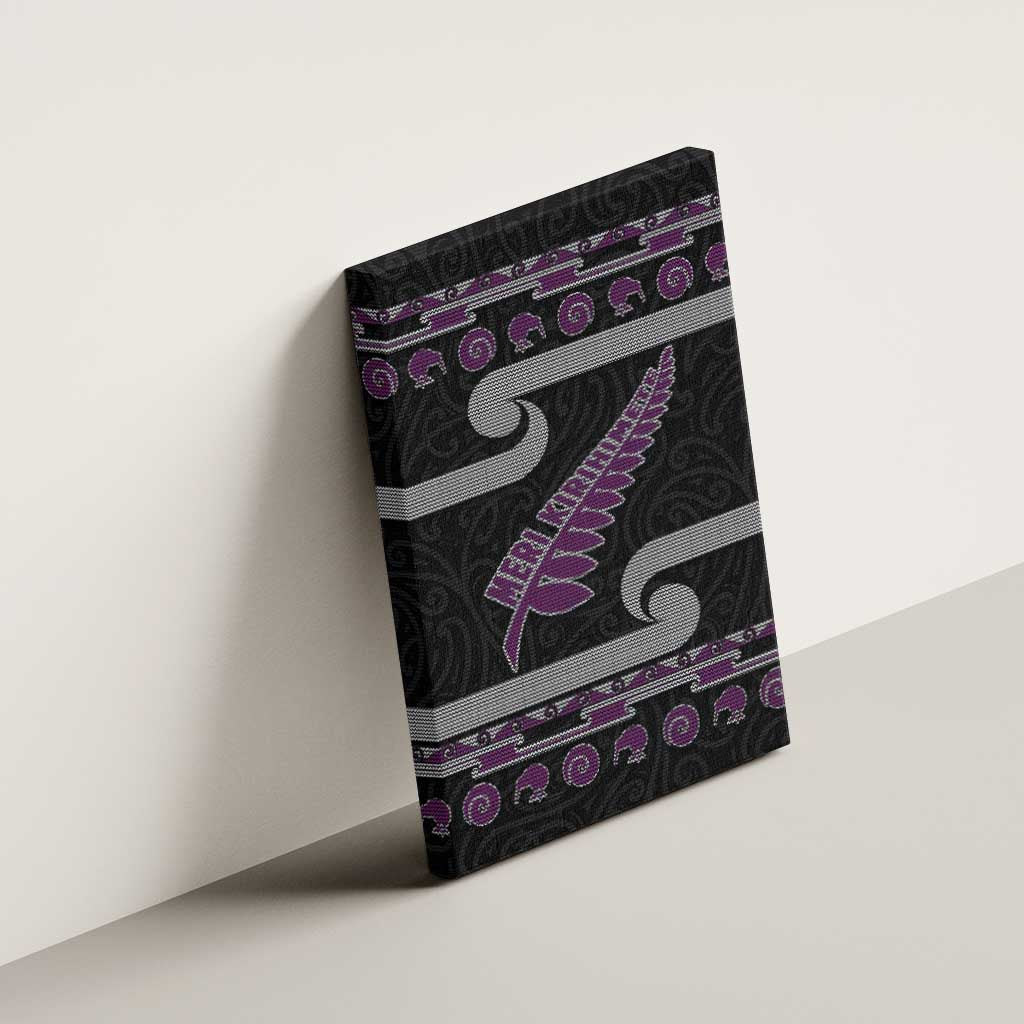 New Zealand Christmas Canvas Wall Art Meri Kirihimete Silver Fern Knit Style Purple Color - Polynesian Pride