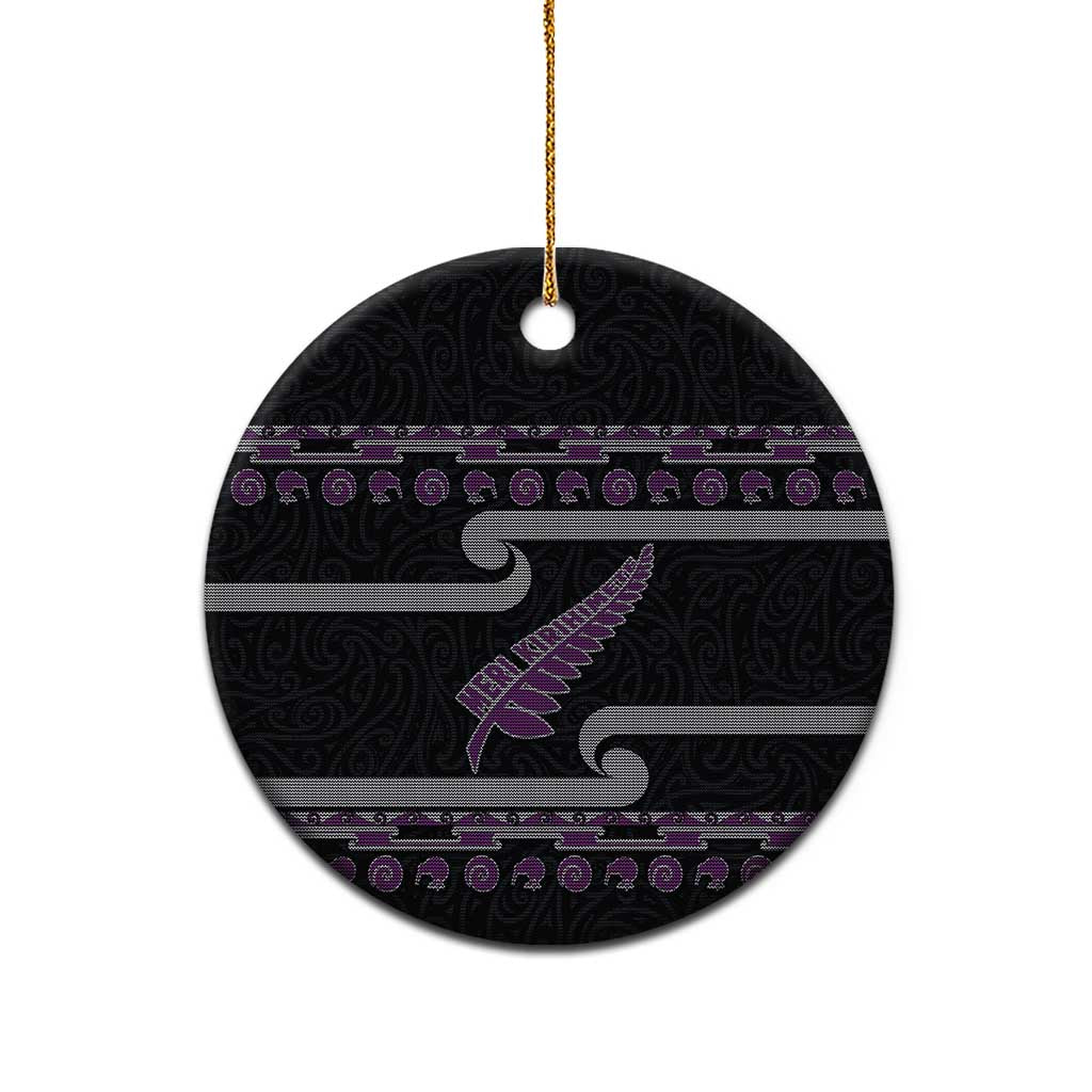 New Zealand Christmas Ceramic Ornament Meri Kirihimete Silver Fern Knit Style Purple Color - Polynesian Pride