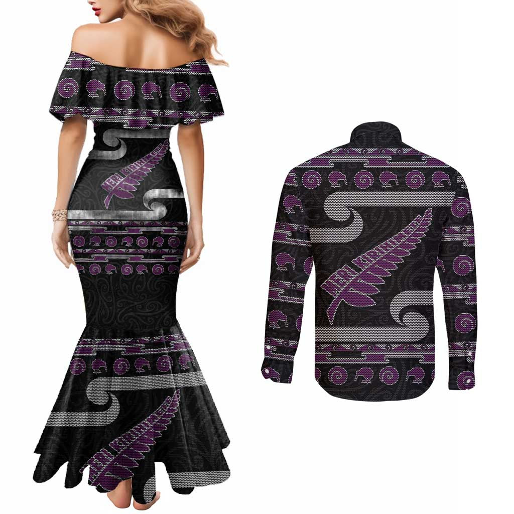 New Zealand Christmas Couples Matching Mermaid Dress and Long Sleeve Button Shirt Meri Kirihimete Silver Fern Knit Style Purple Color - Polynesian Pride
