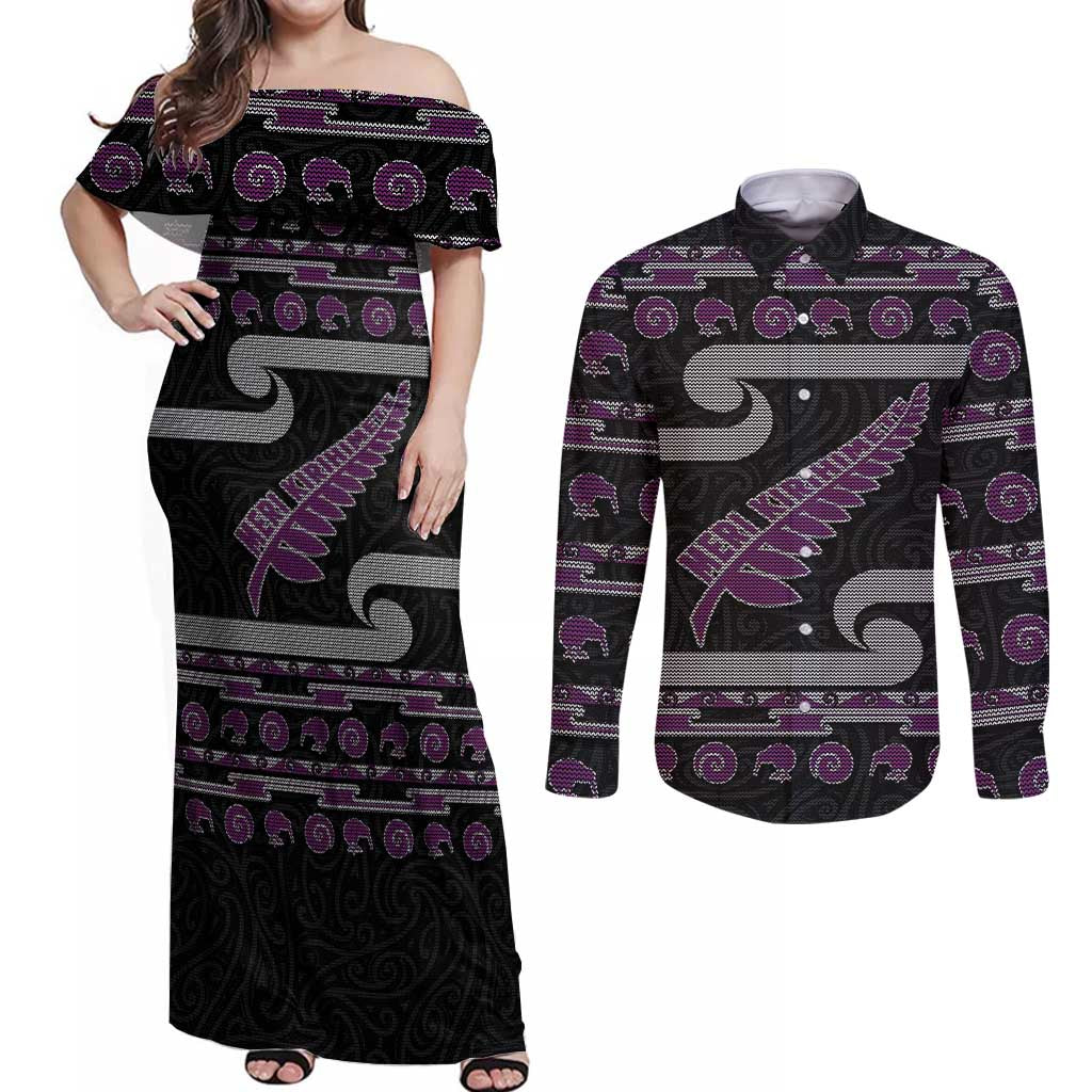 New Zealand Christmas Couples Matching Off Shoulder Maxi Dress and Long Sleeve Button Shirt Meri Kirihimete Silver Fern Knit Style Purple Color - Polynesian Pride