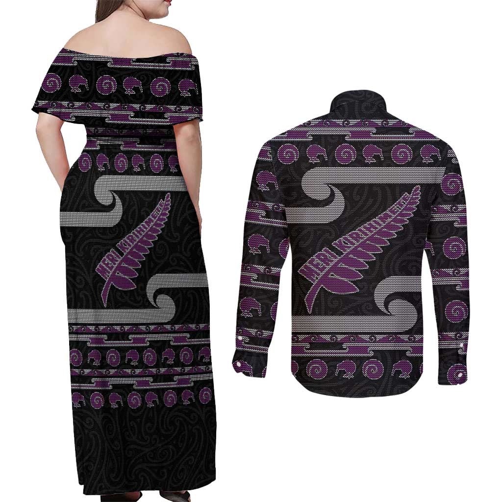 New Zealand Christmas Couples Matching Off Shoulder Maxi Dress and Long Sleeve Button Shirt Meri Kirihimete Silver Fern Knit Style Purple Color - Polynesian Pride