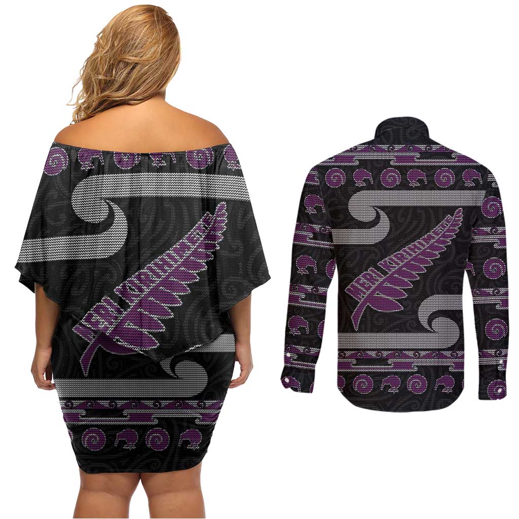 New Zealand Christmas Couples Matching Off Shoulder Short Dress and Long Sleeve Button Shirt Meri Kirihimete Silver Fern Knit Style Purple Color - Polynesian Pride