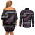 New Zealand Christmas Couples Matching Off Shoulder Short Dress and Long Sleeve Button Shirt Meri Kirihimete Silver Fern Knit Style Purple Color - Polynesian Pride