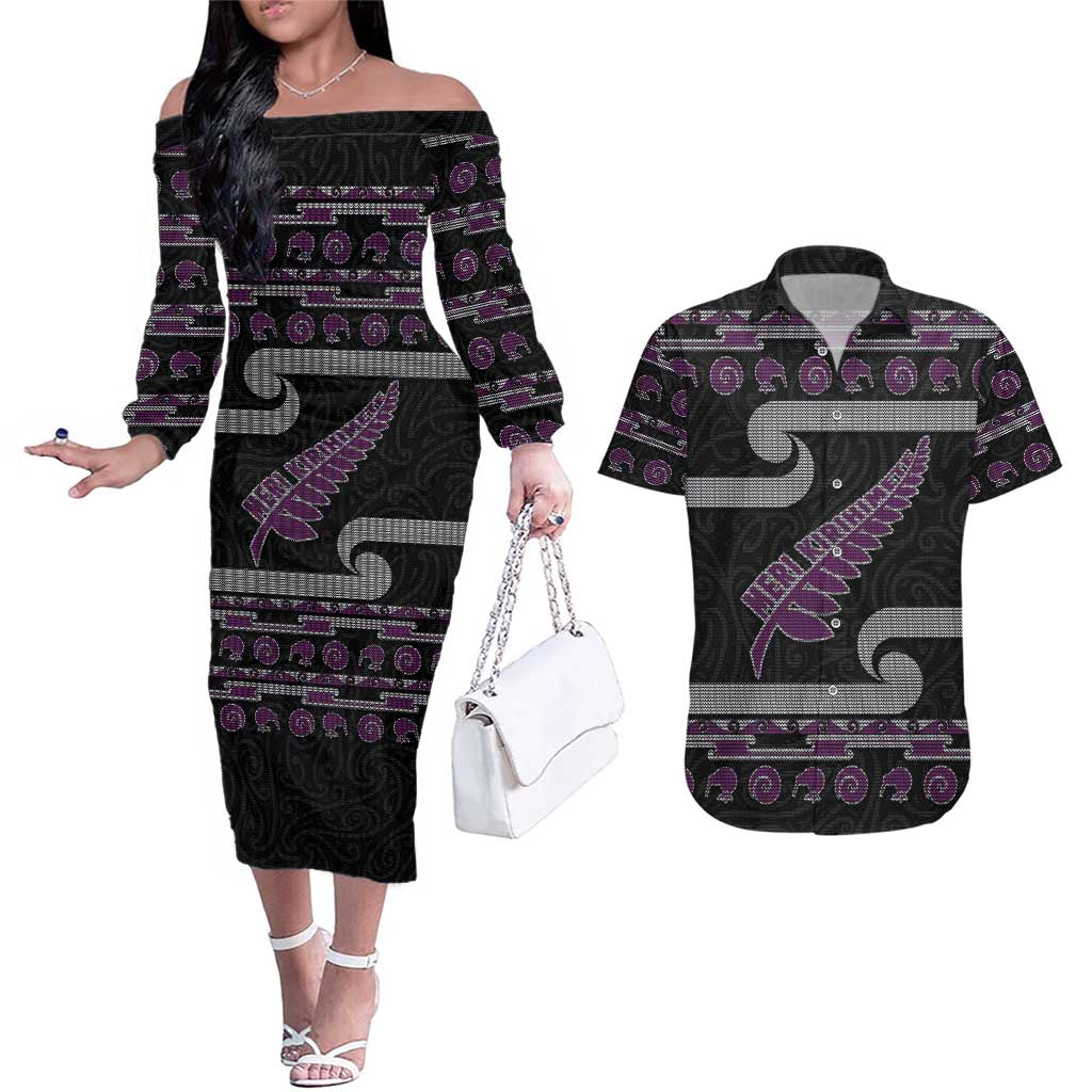 New Zealand Christmas Couples Matching Off The Shoulder Long Sleeve Dress and Hawaiian Shirt Meri Kirihimete Silver Fern Knit Style Purple Color - Polynesian Pride
