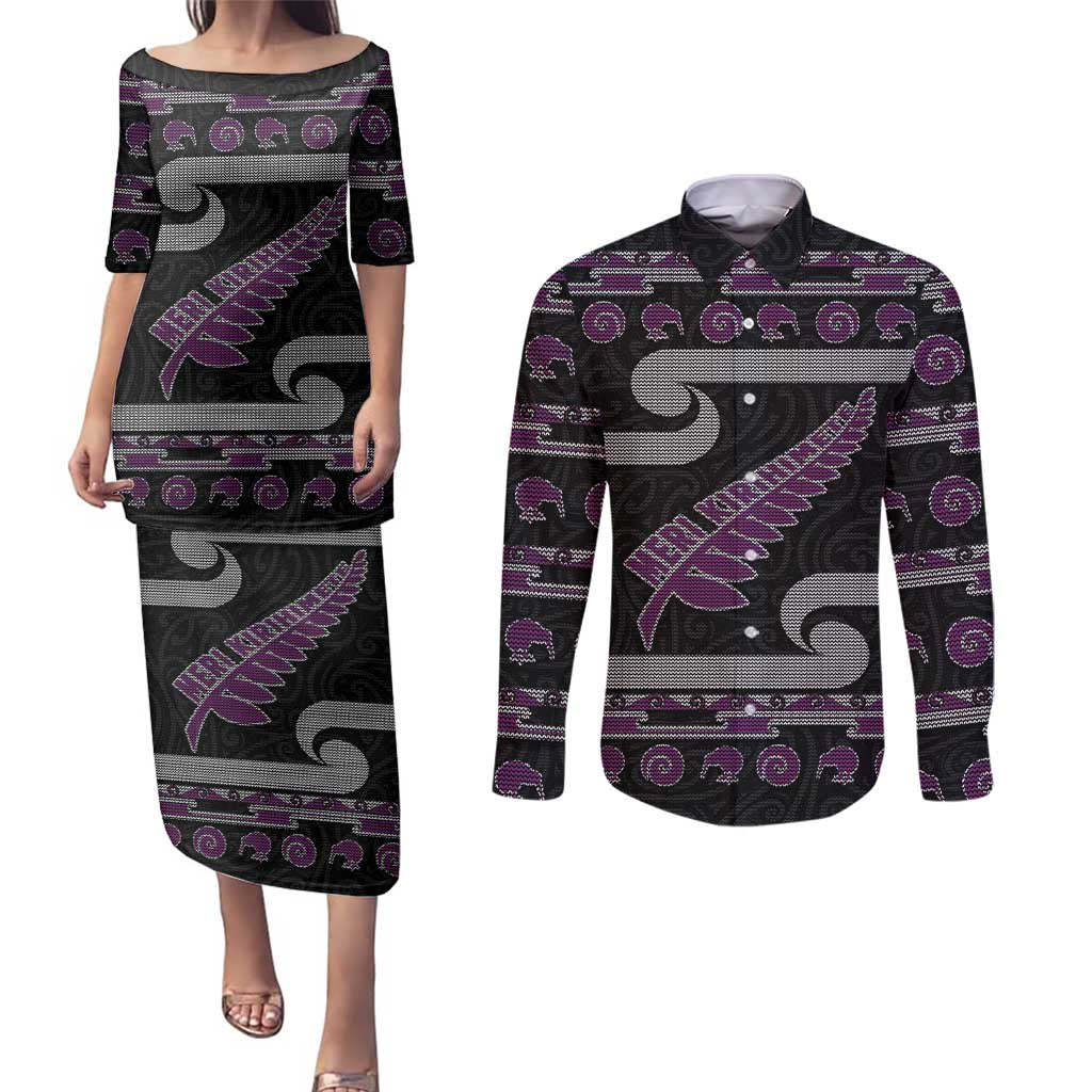 New Zealand Christmas Couples Matching Puletasi and Long Sleeve Button Shirt Meri Kirihimete Silver Fern Knit Style Purple Color - Polynesian Pride