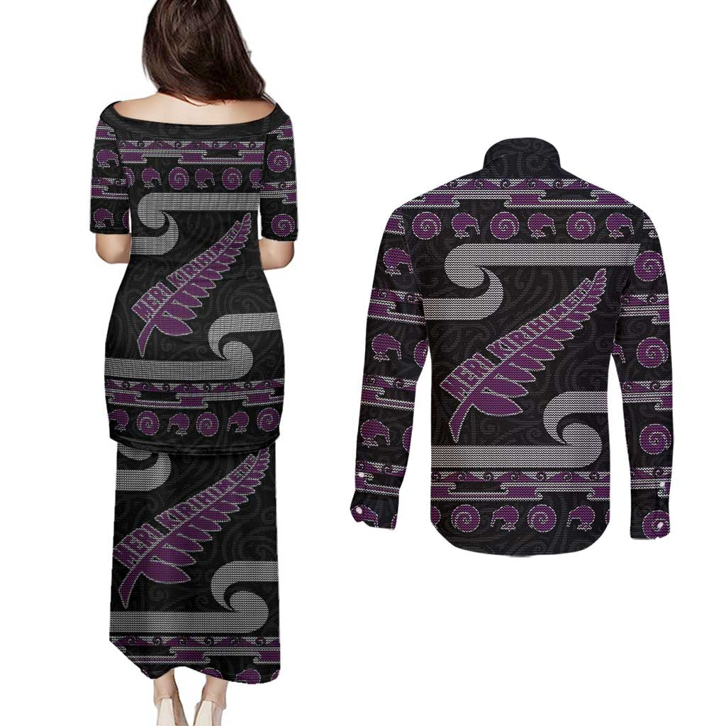 New Zealand Christmas Couples Matching Puletasi and Long Sleeve Button Shirt Meri Kirihimete Silver Fern Knit Style Purple Color - Polynesian Pride