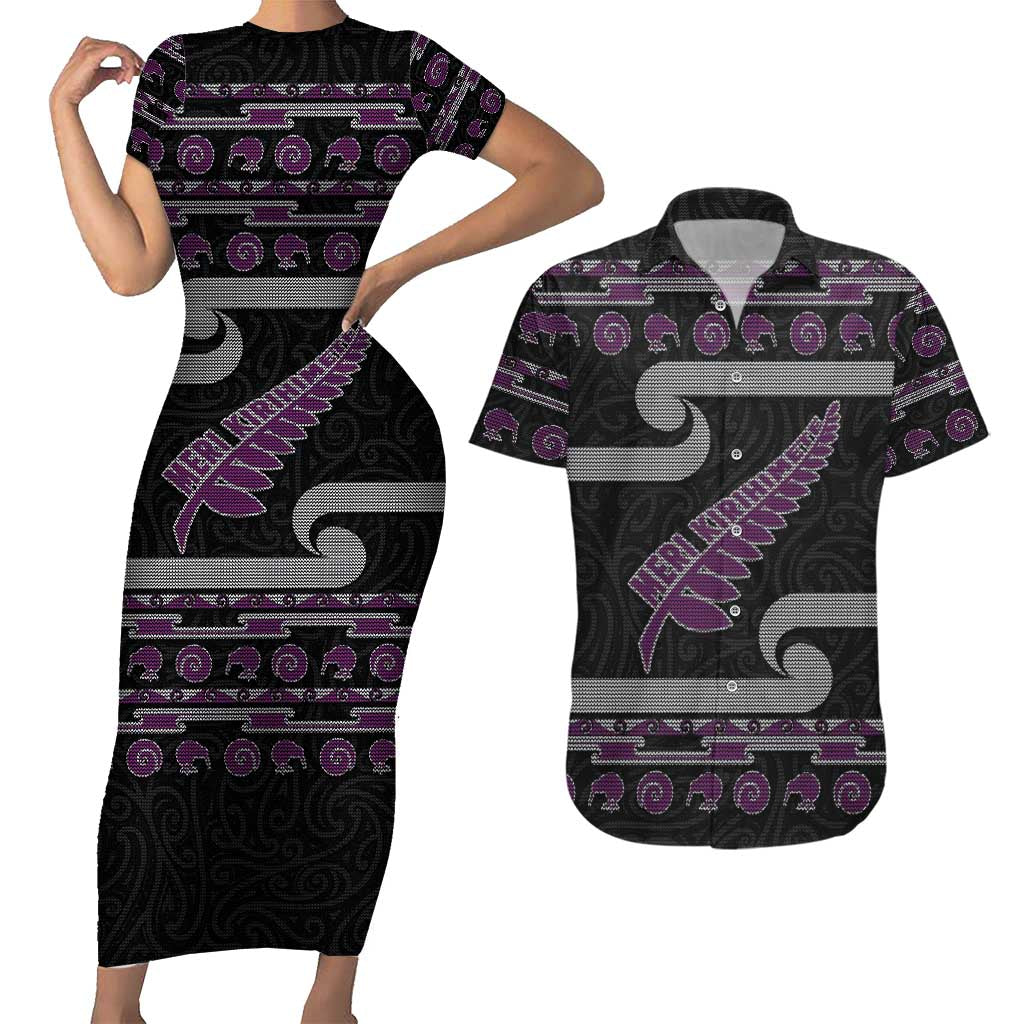 New Zealand Christmas Couples Matching Short Sleeve Bodycon Dress and Hawaiian Shirt Meri Kirihimete Silver Fern Knit Style Purple Color - Polynesian Pride