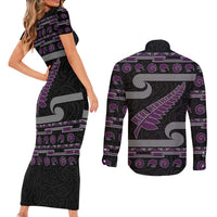 New Zealand Christmas Couples Matching Short Sleeve Bodycon Dress and Long Sleeve Button Shirt Meri Kirihimete Silver Fern Knit Style Purple Color - Polynesian Pride