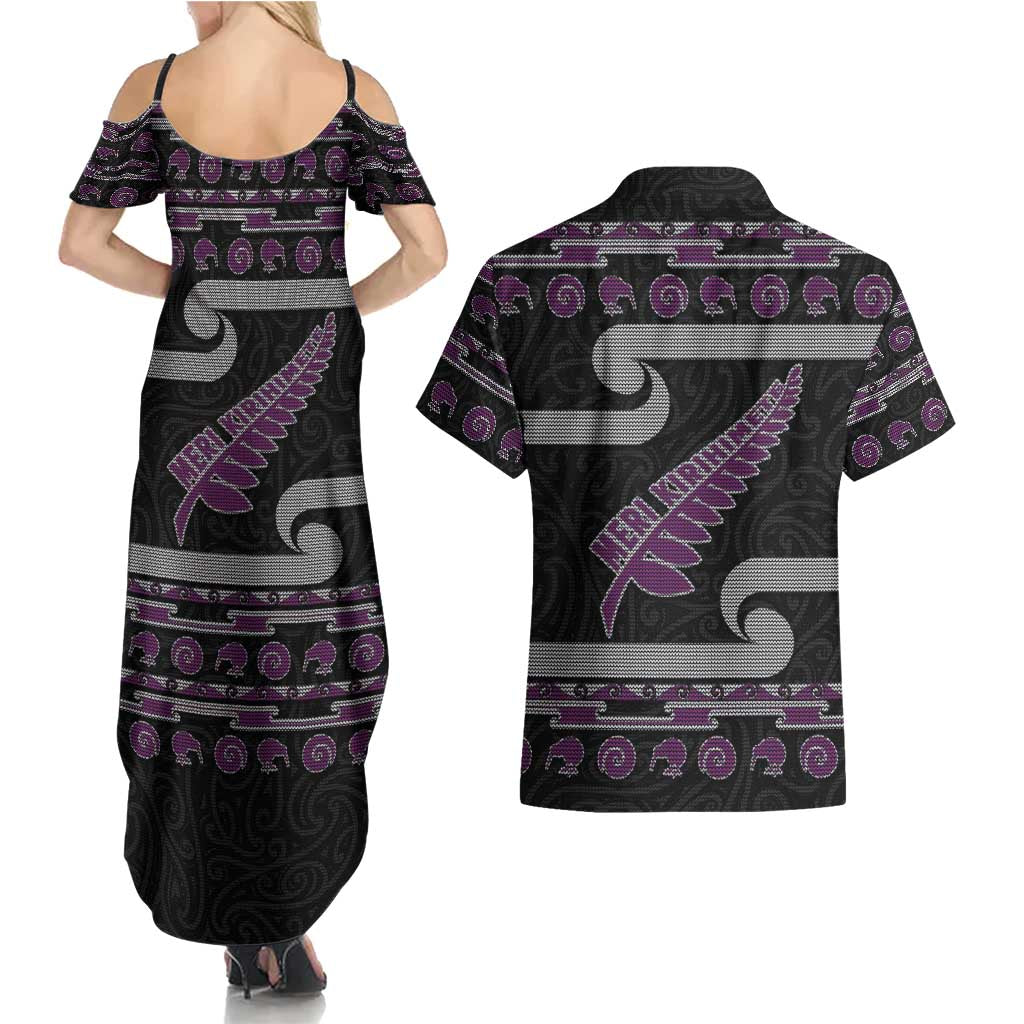 New Zealand Christmas Couples Matching Summer Maxi Dress and Hawaiian Shirt Meri Kirihimete Silver Fern Knit Style Purple Color - Polynesian Pride