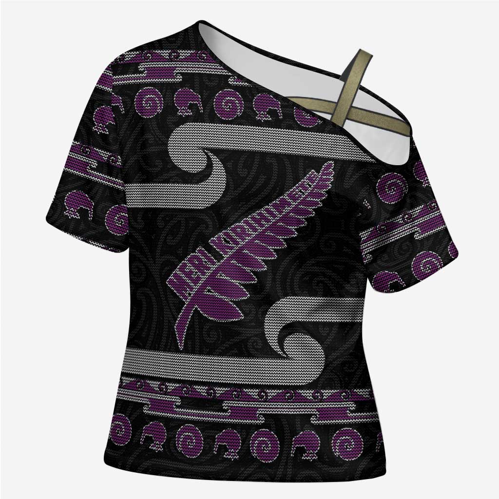 New Zealand Christmas Cross Shoulder Shirt Meri Kirihimete Silver Fern Knit Style Purple Color - Polynesian Pride