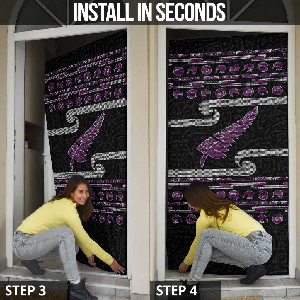 New Zealand Christmas Door Cover Meri Kirihimete Silver Fern Knit Style Purple Color - Polynesian Pride