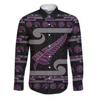 New Zealand Christmas Family Matching Long Sleeve Bodycon Dress and Hawaiian Shirt Meri Kirihimete Silver Fern Knit Style Purple Color - Polynesian Pride