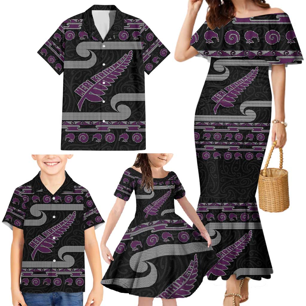 New Zealand Christmas Family Matching Mermaid Dress and Hawaiian Shirt Meri Kirihimete Silver Fern Knit Style Purple Color - Polynesian Pride