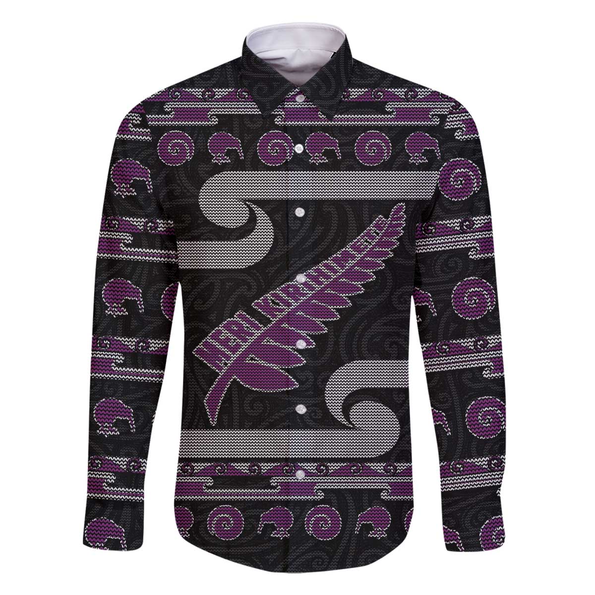 New Zealand Christmas Family Matching Off The Shoulder Long Sleeve Dress and Hawaiian Shirt Meri Kirihimete Silver Fern Knit Style Purple Color - Polynesian Pride