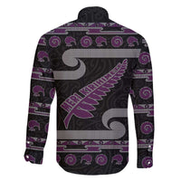 New Zealand Christmas Family Matching Off The Shoulder Long Sleeve Dress and Hawaiian Shirt Meri Kirihimete Silver Fern Knit Style Purple Color - Polynesian Pride
