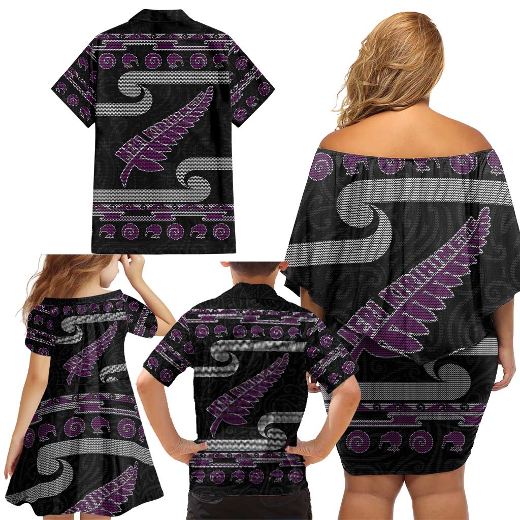 New Zealand Christmas Family Matching Off Shoulder Short Dress and Hawaiian Shirt Meri Kirihimete Silver Fern Knit Style Purple Color - Polynesian Pride