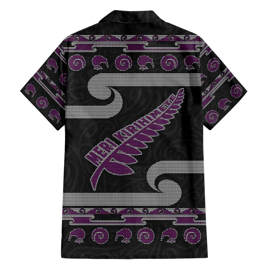 New Zealand Christmas Family Matching Off Shoulder Short Dress and Hawaiian Shirt Meri Kirihimete Silver Fern Knit Style Purple Color - Polynesian Pride