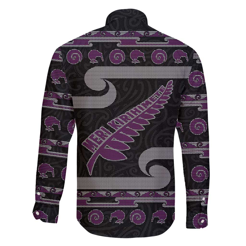 New Zealand Christmas Family Matching Off Shoulder Short Dress and Hawaiian Shirt Meri Kirihimete Silver Fern Knit Style Purple Color - Polynesian Pride