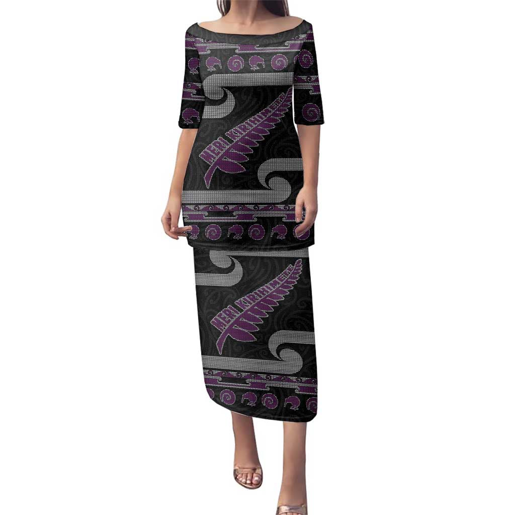 New Zealand Christmas Family Matching Puletasi and Hawaiian Shirt Meri Kirihimete Silver Fern Knit Style Purple Color - Polynesian Pride