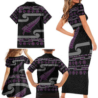 New Zealand Christmas Family Matching Short Sleeve Bodycon Dress and Hawaiian Shirt Meri Kirihimete Silver Fern Knit Style Purple Color - Polynesian Pride