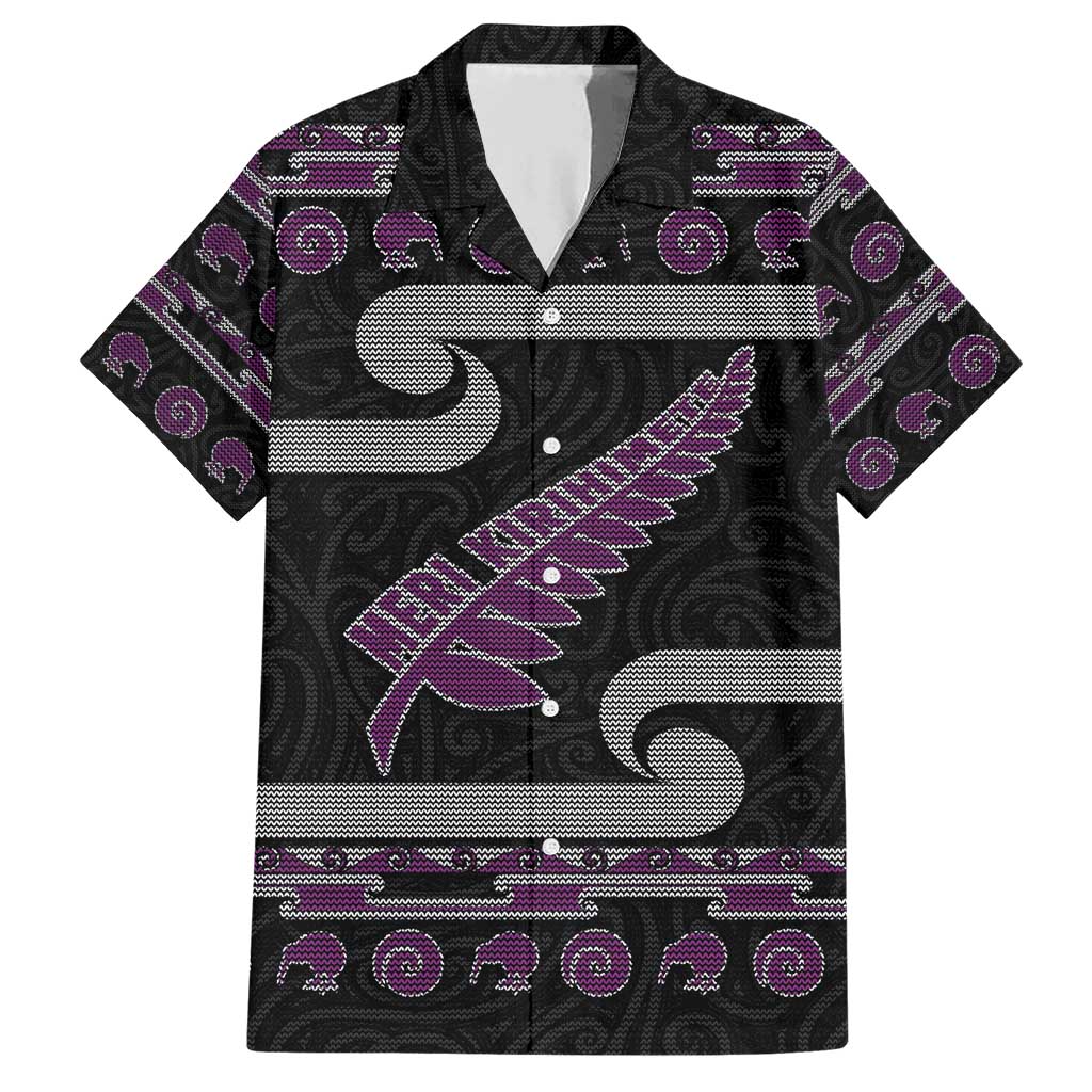 New Zealand Christmas Family Matching Short Sleeve Bodycon Dress and Hawaiian Shirt Meri Kirihimete Silver Fern Knit Style Purple Color - Polynesian Pride