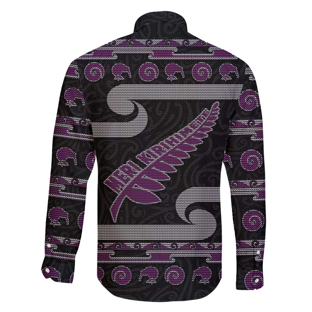 New Zealand Christmas Family Matching Short Sleeve Bodycon Dress and Hawaiian Shirt Meri Kirihimete Silver Fern Knit Style Purple Color - Polynesian Pride