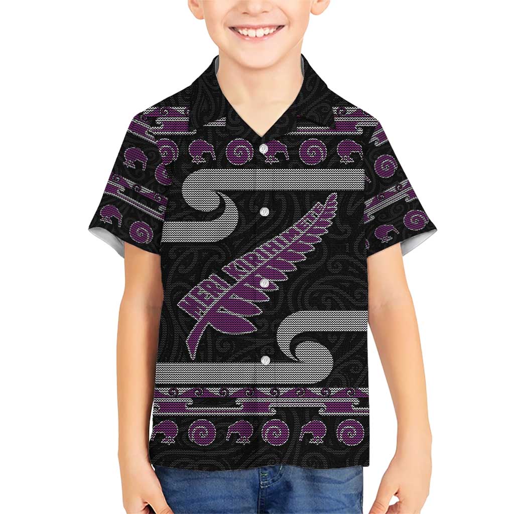 New Zealand Christmas Family Matching Short Sleeve Bodycon Dress and Hawaiian Shirt Meri Kirihimete Silver Fern Knit Style Purple Color - Polynesian Pride