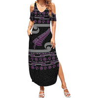 New Zealand Christmas Family Matching Summer Maxi Dress and Hawaiian Shirt Meri Kirihimete Silver Fern Knit Style Purple Color - Polynesian Pride