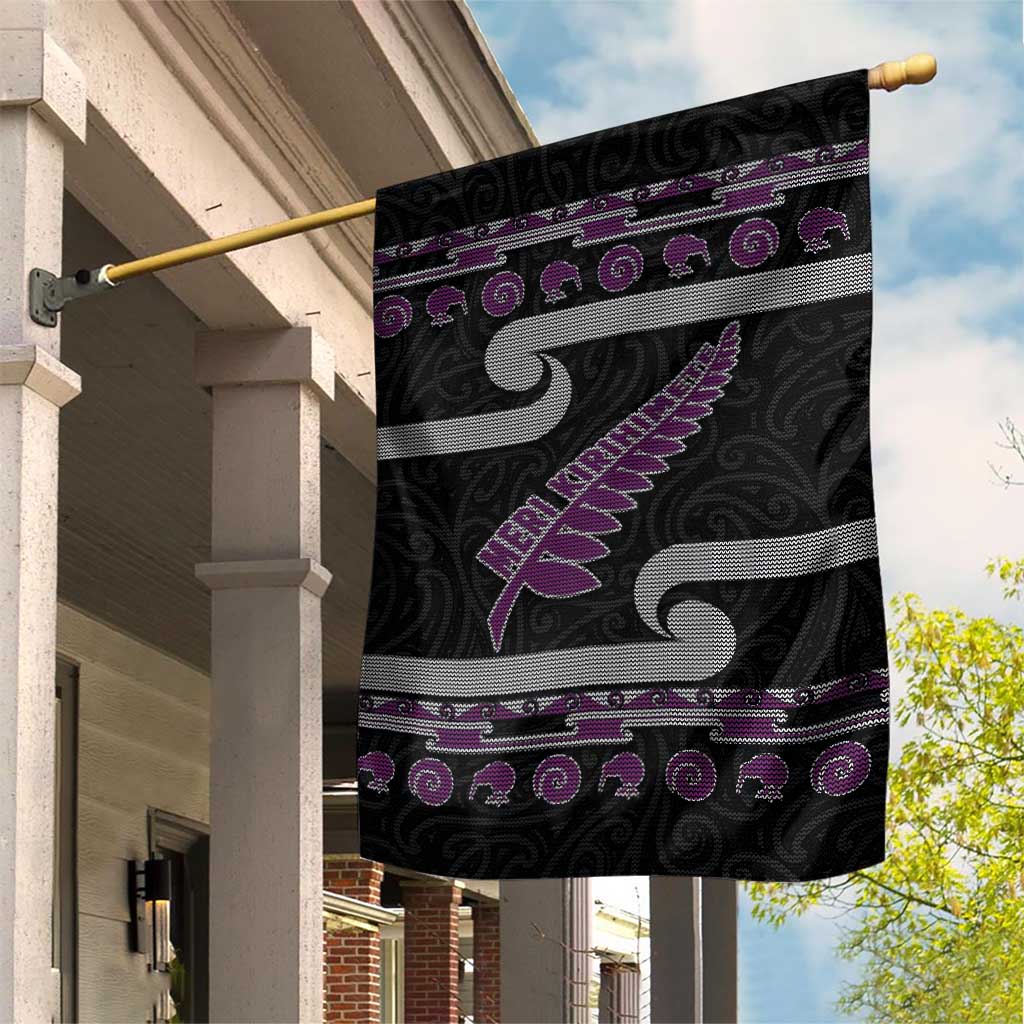 New Zealand Christmas Garden Flag Meri Kirihimete Silver Fern Knit Style Purple Color - Polynesian Pride