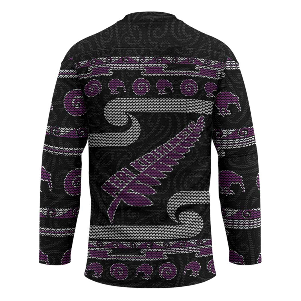 New Zealand Christmas Hockey Jersey Meri Kirihimete Silver Fern Knit Style Purple Color - Polynesian Pride