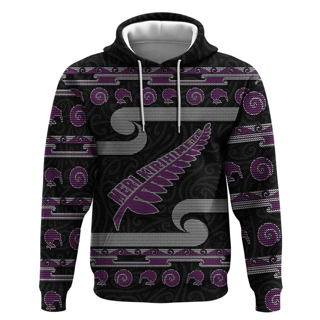 New Zealand Christmas Hoodie Meri Kirihimete Silver Fern Knit Style Purple Color - Polynesian Pride