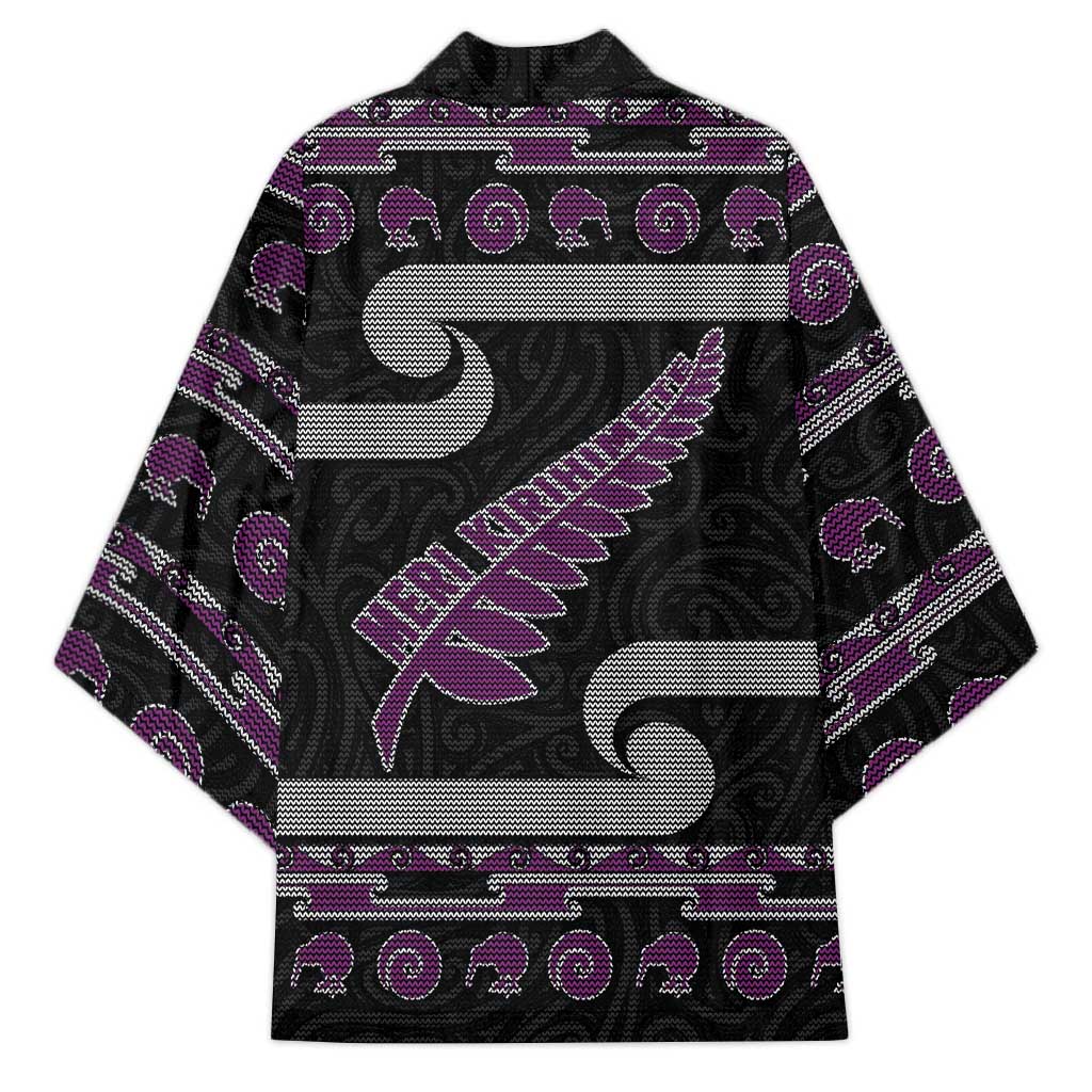 New Zealand Christmas Kimono Meri Kirihimete Silver Fern Knit Style Purple Color - Polynesian Pride