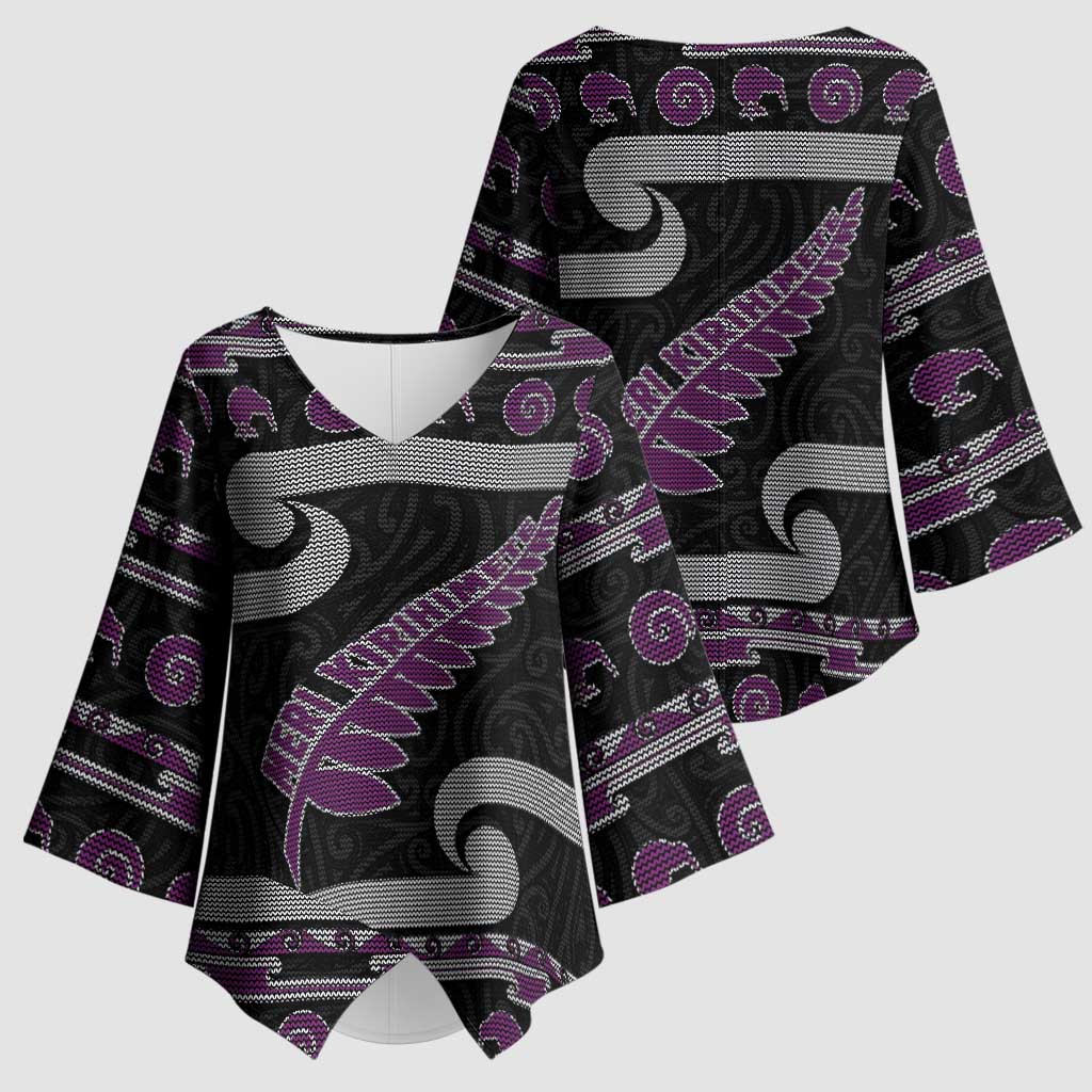 New Zealand Christmas Kimono Sleeve Blouse Meri Kirihimete Silver Fern Knit Style Purple Color - Polynesian Pride