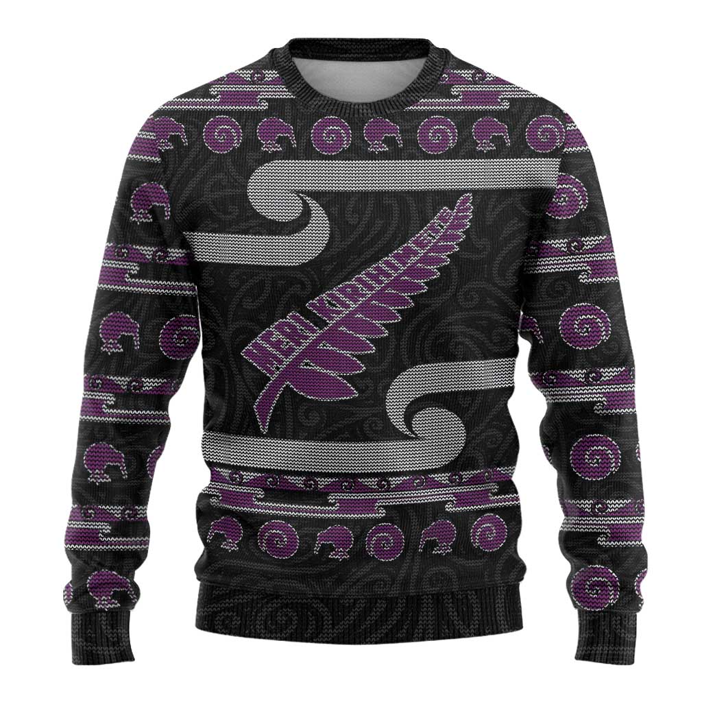 New Zealand Christmas Ugly Christmas Sweater Meri Kirihimete Silver Fern Knit Style Purple Color - Polynesian Pride