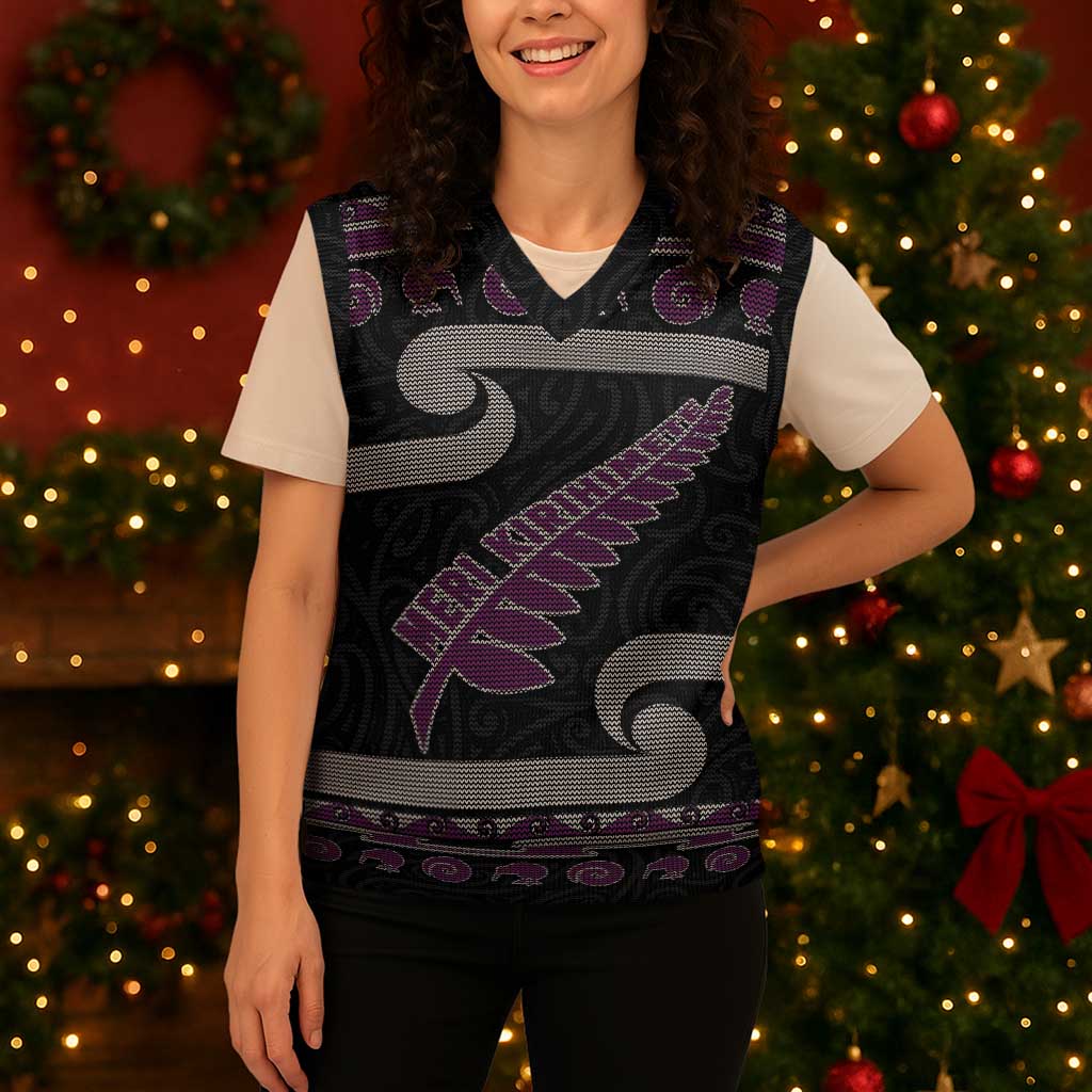 New Zealand Christmas Knitted V-Neck Vest Meri Kirihimete Silver Fern Knit Style Purple Color - Polynesian Pride