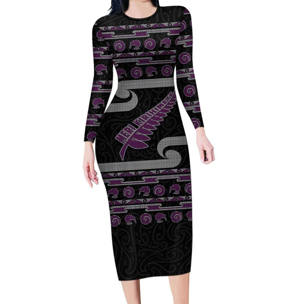 New Zealand Christmas Long Sleeve Bodycon Dress Meri Kirihimete Silver Fern Knit Style Purple Color - Polynesian Pride