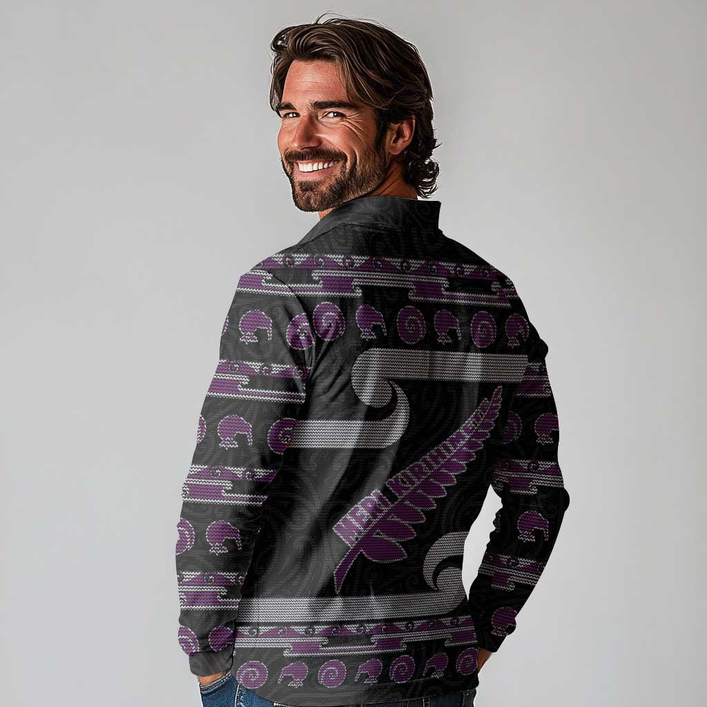New Zealand Christmas Long Sleeve Polo Shirt Meri Kirihimete Silver Fern Knit Style Purple Color - Polynesian Pride
