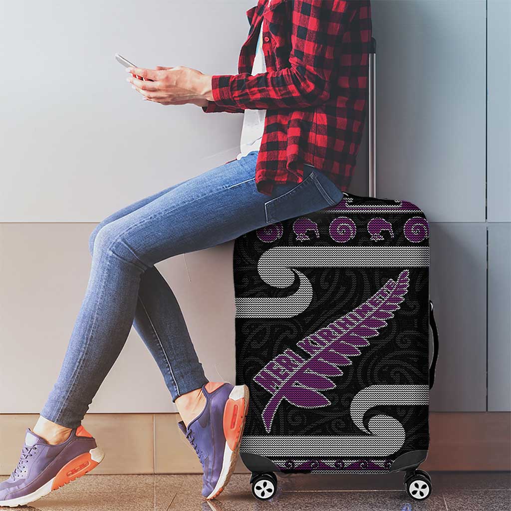 New Zealand Christmas Luggage Cover Meri Kirihimete Silver Fern Knit Style Purple Color - Polynesian Pride