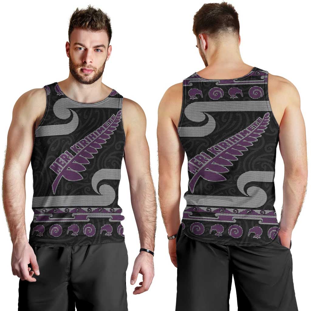 New Zealand Christmas Men Tank Top Meri Kirihimete Silver Fern Knit Style Purple Color - Polynesian Pride